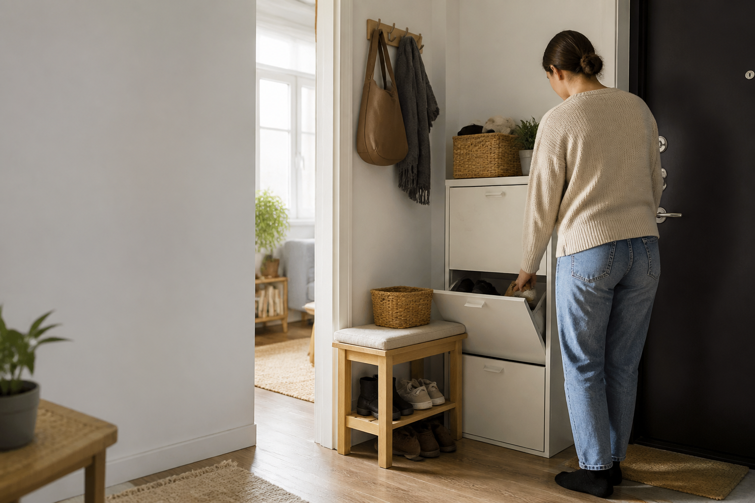 A renter organizing shoe storage in a compact apartment entryway